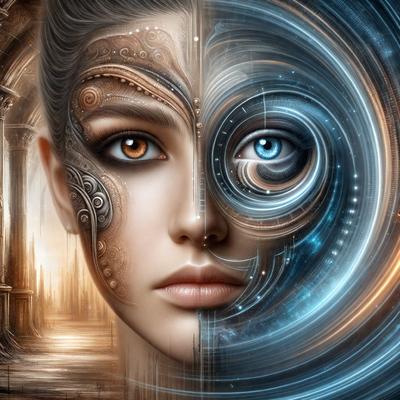 The primary subject of the image is a woman with two faces, one with blue eyes and the other with orange eyes. The setting is a futuristic environment, possibly a space station or a futuristic city. The visual style is digital art, as the woman's faces are depicted with a blend of realism and digital manipulation. The colors and mood of the image are vibrant and dynamic, with the woman's faces and the futuristic background creating a sense of wonder and exploration.